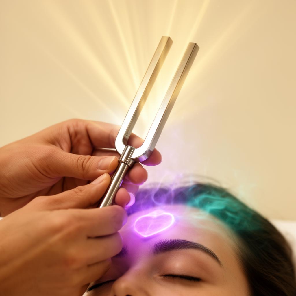 Tuning fork held over crown chakra during a healing session